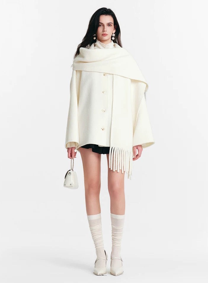 Fringed Scarf-Collar Wool Blend Coat