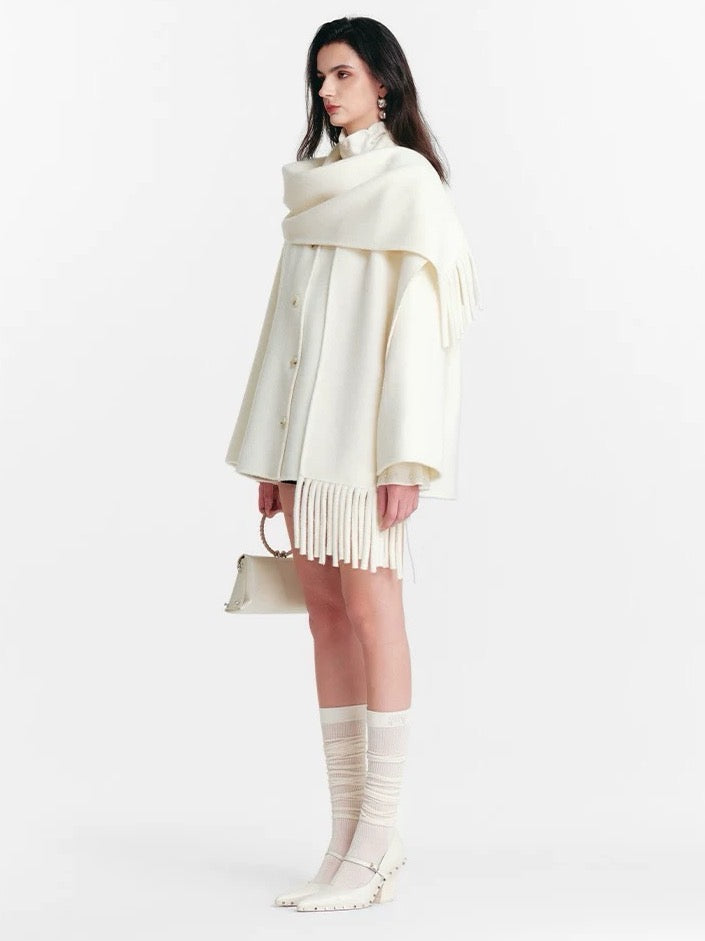 Fringed Scarf-Collar Wool Blend Coat