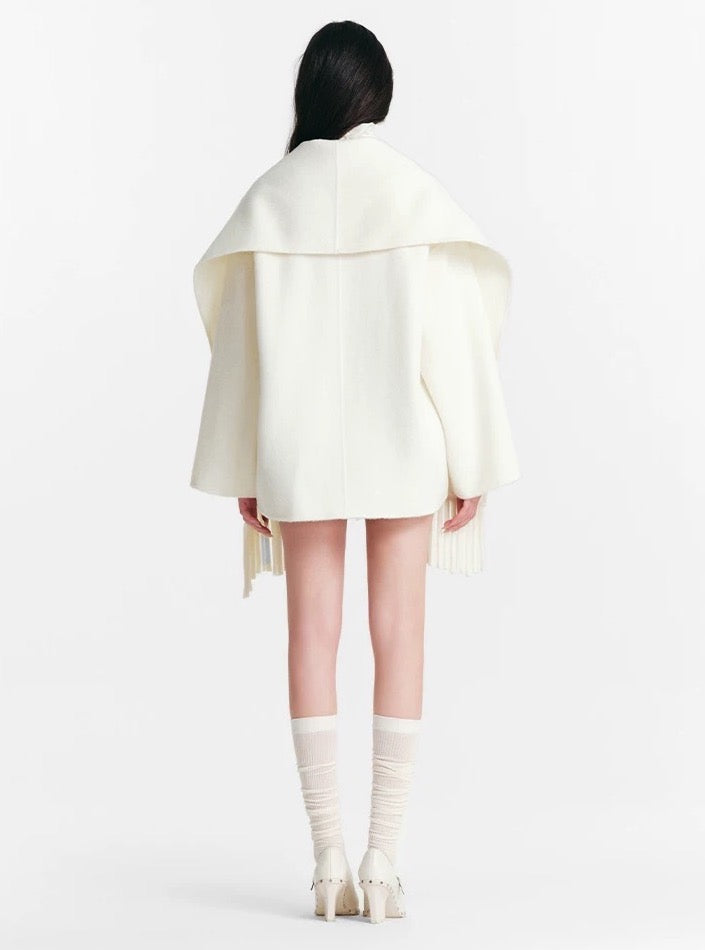 Fringed Scarf-Collar Wool Blend Coat