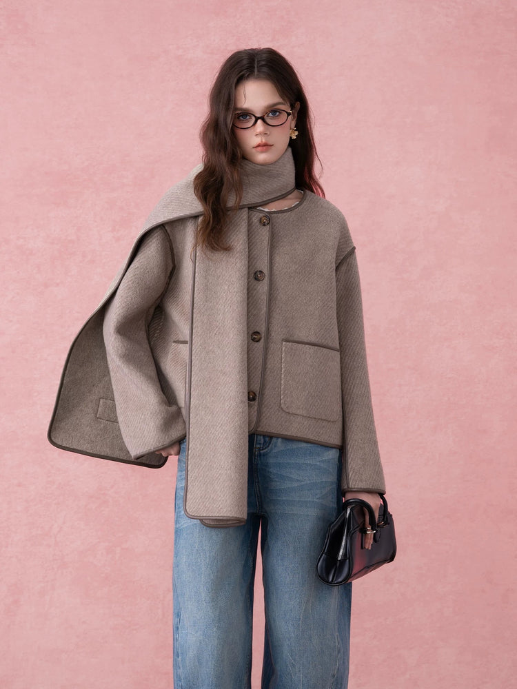 Scarf-Collar Double-Face Wool Coat