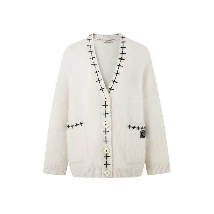 Alpaca Blanket-Stitch Knit Cardigan