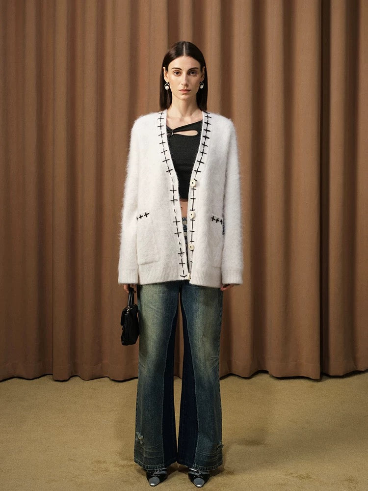Alpaca Blanket-Stitch Knit Cardigan