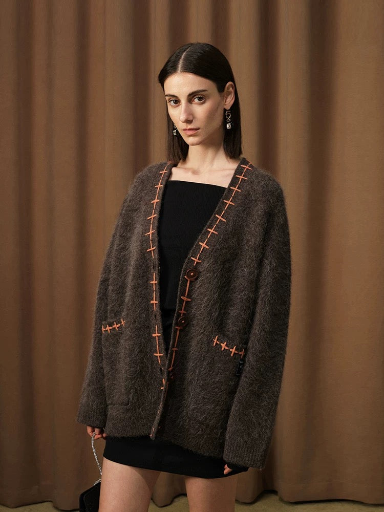 Alpaca Blanket-Stitch Knit Cardigan