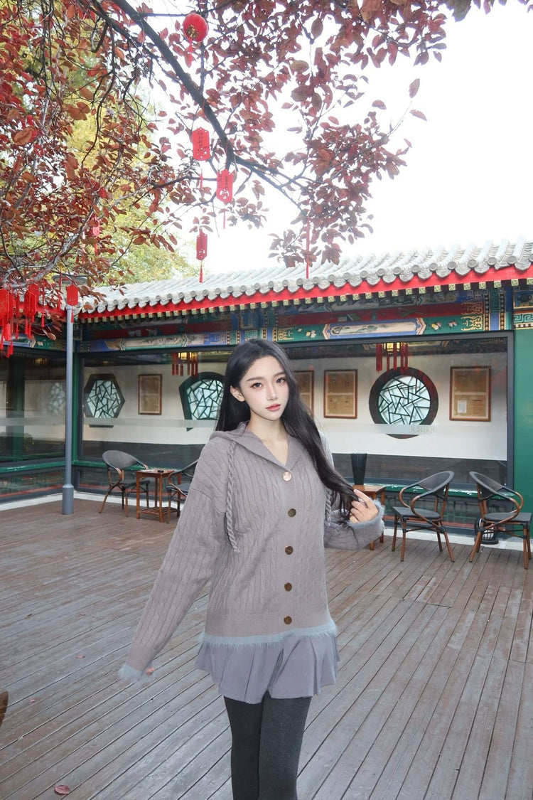 Color-Block Cable Tie V-Neck Cardigan