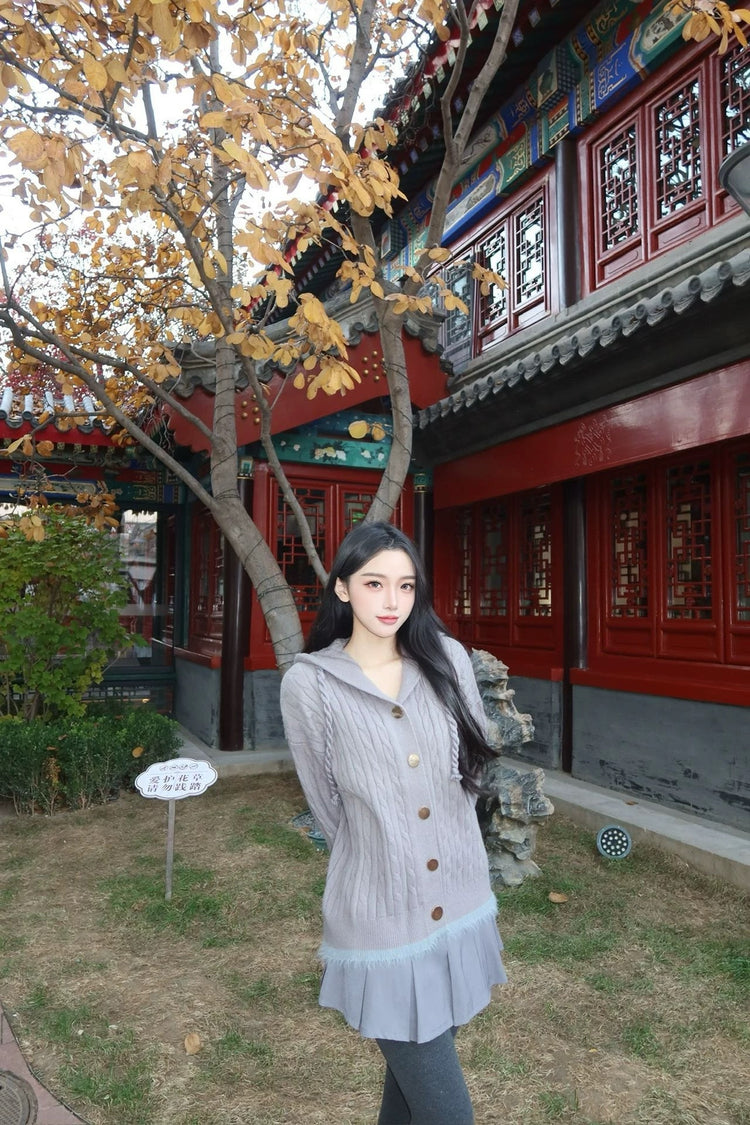 Color-Block Cable Tie V-Neck Cardigan