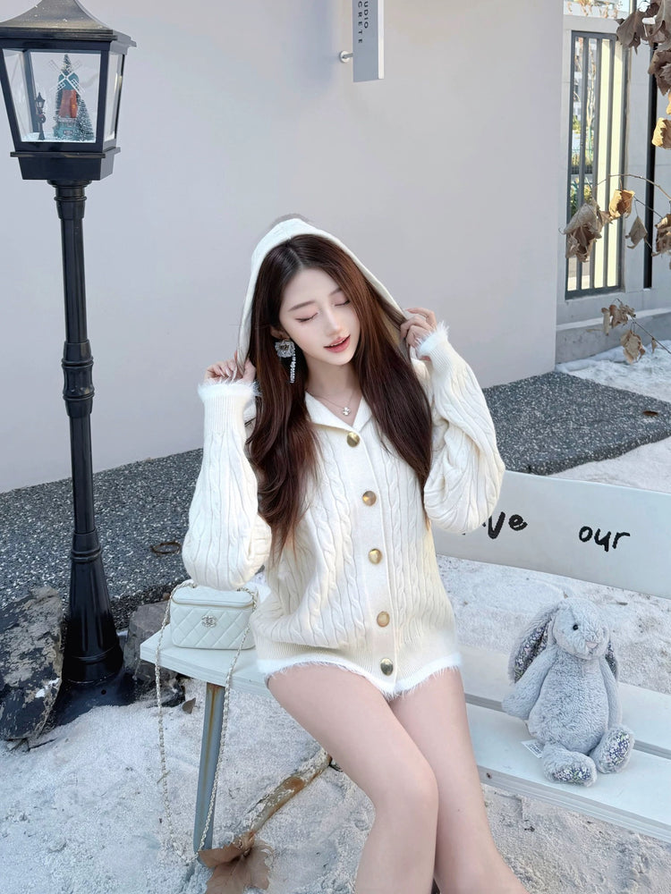 Color-Block Cable Tie V-Neck Cardigan