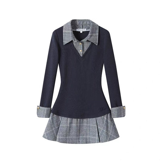 Faux Two-Piece Plaid Knit Dress