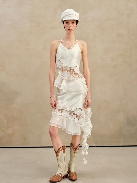 Pearlescent Lace Paneled Ruffle Hem Skirt