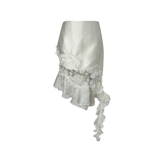 Pearlescent Lace Paneled Ruffle Hem Skirt