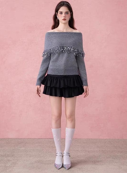 Off-Shoulder Fringe Collar Sweater