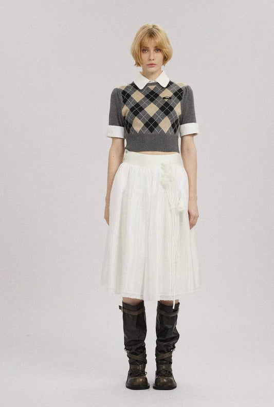 Diamond-Check Knit Shirt-Panel Short-Sleeve Top