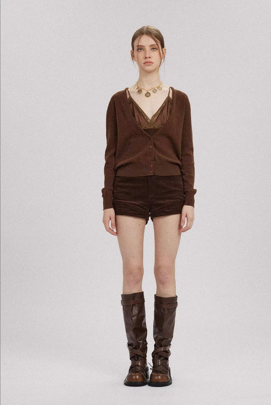 Satin V-Neck Faux-Layered Knit Sweater