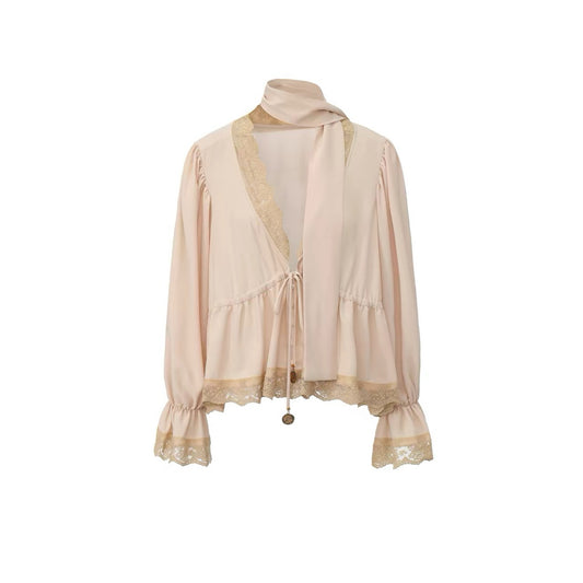 V-Neck Lace-Trimmed Metal Pendant Top