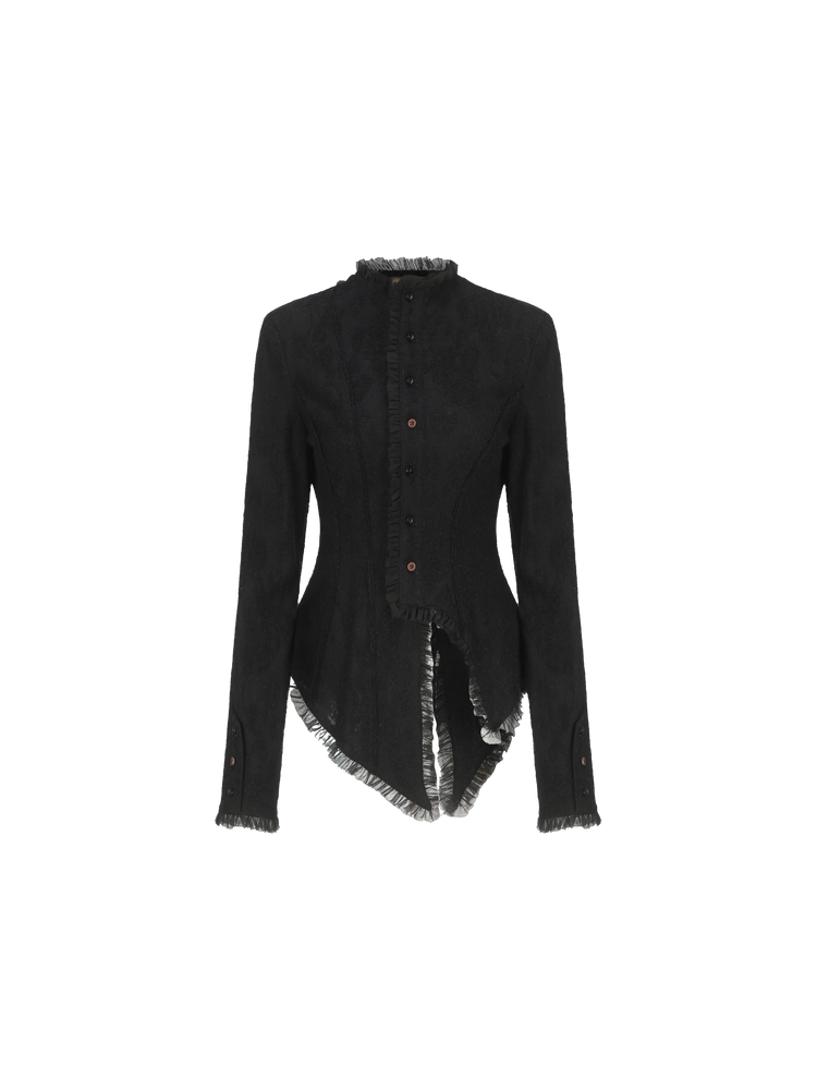 Black Ruched Lace Trim Wool Cardigan