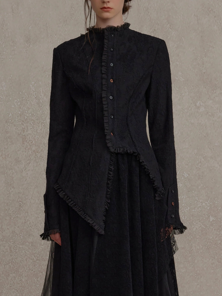 Black Ruched Lace Trim Wool Cardigan