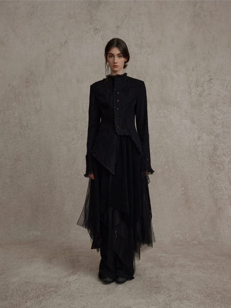 Black Ruched Lace Trim Wool Cardigan