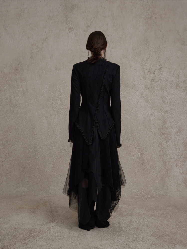 Black Ruched Lace Trim Wool Cardigan