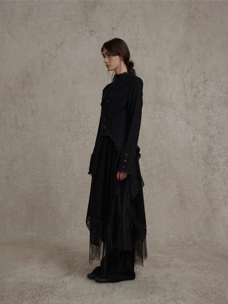 Black Ruched Lace Trim Wool Cardigan