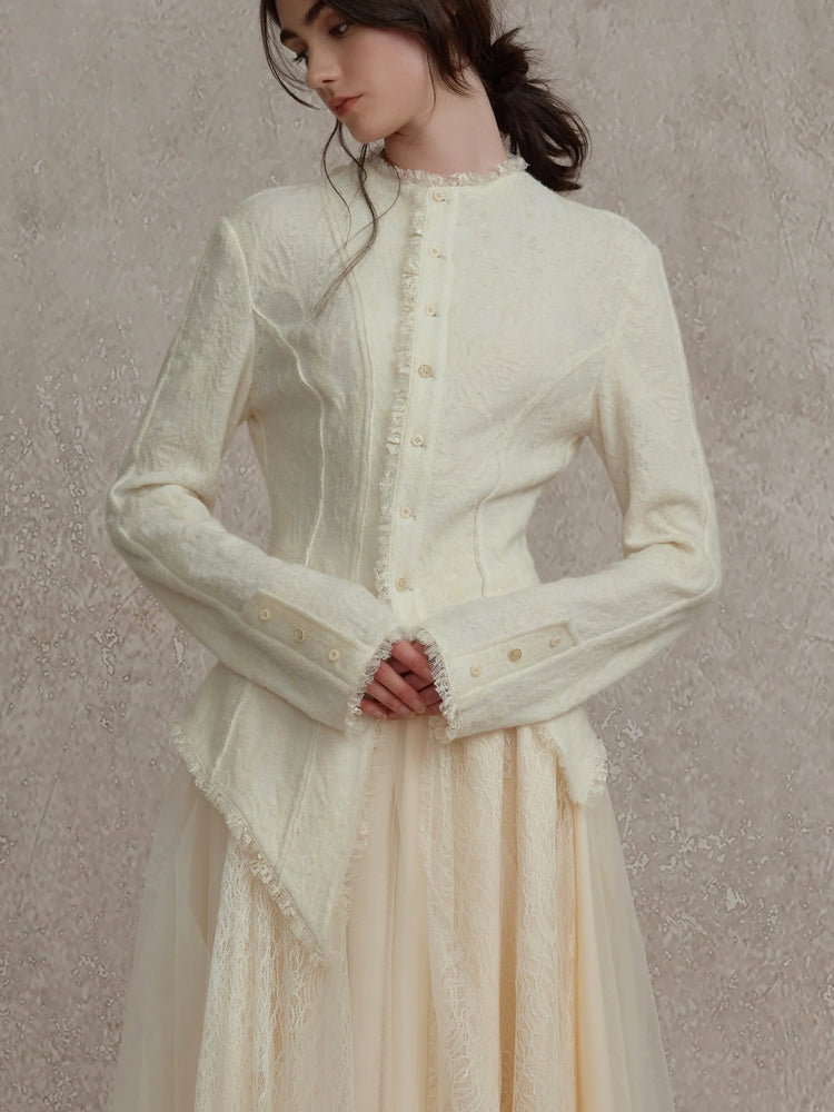 White Ruched Lace Trim Wool Cardigan