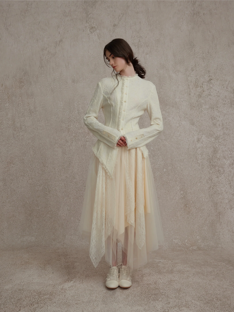 White Ruched Lace Trim Wool Cardigan