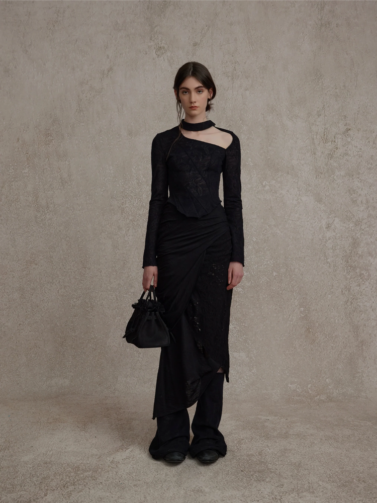 Black Irregular Knitted Ripped Skirt