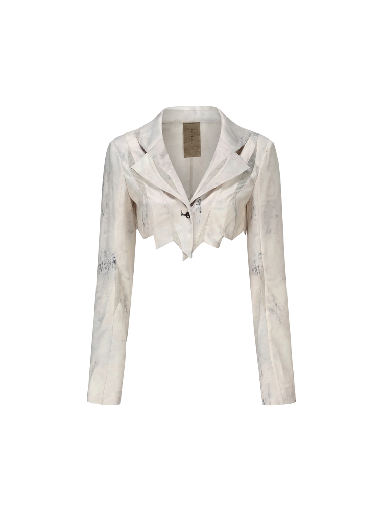 Beige Printed Split Copped Blazer