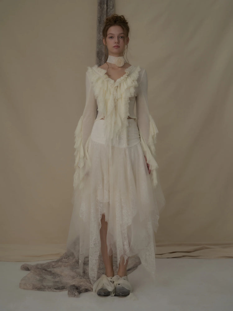 White Lace Asymmetric Mesh Mid-length Skirt