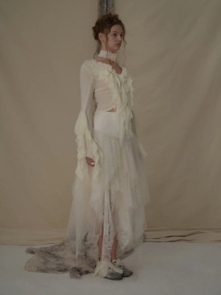 White Lace Asymmetric Mesh Mid-length Skirt