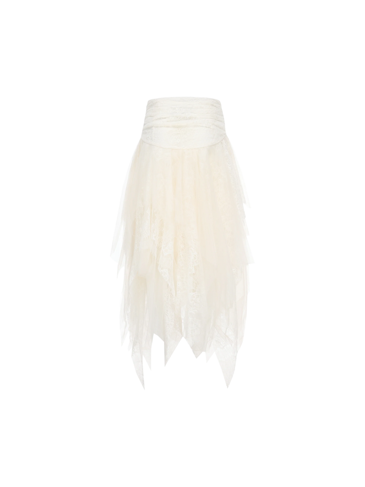 White Lace Asymmetric Mesh Mid-length Skirt