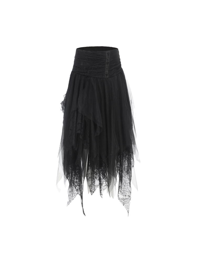 Black Lace Asymmetric Mesh Mid-length Skirt