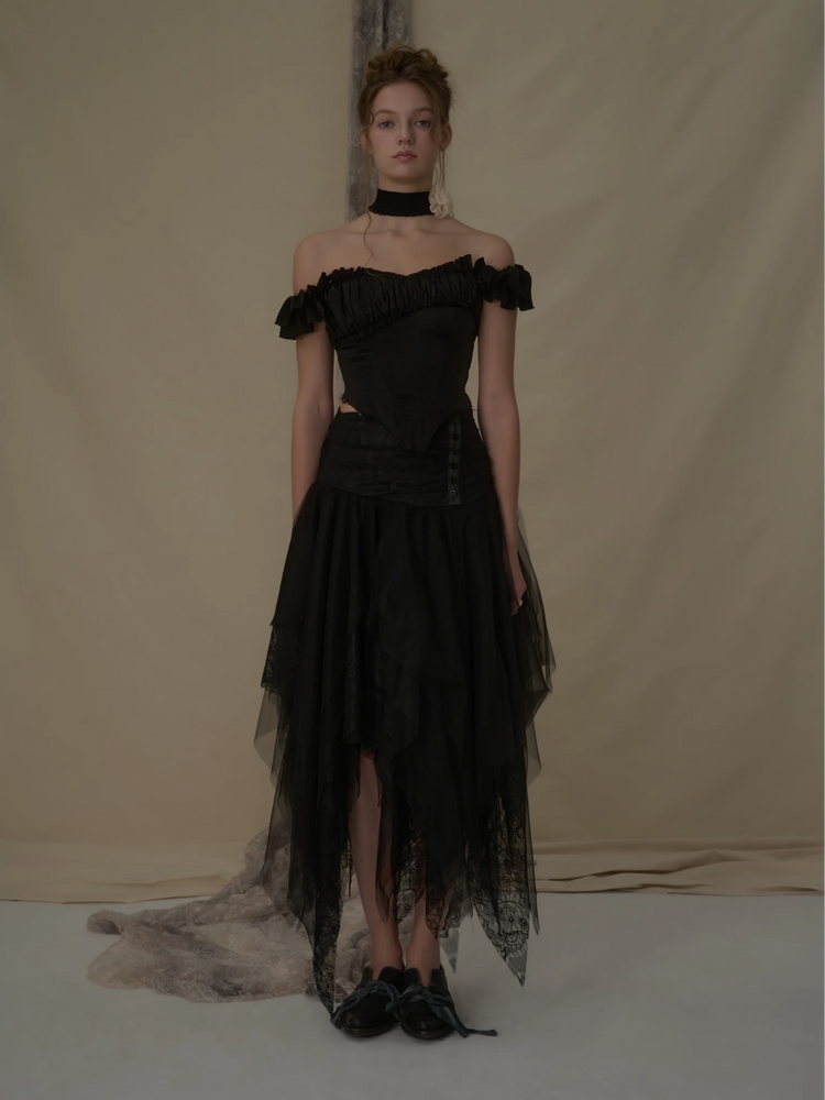 Black Lace Asymmetric Mesh Mid-length Skirt