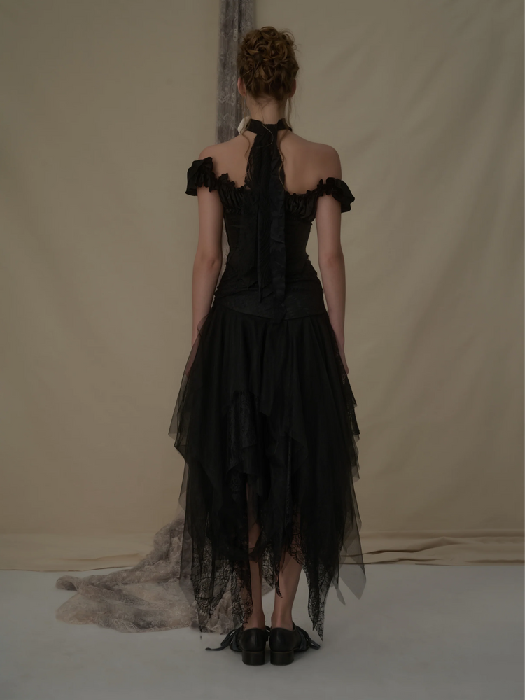 Black Lace Asymmetric Mesh Mid-length Skirt