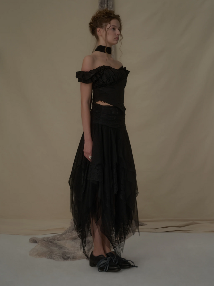 Black Lace Asymmetric Mesh Mid-length Skirt
