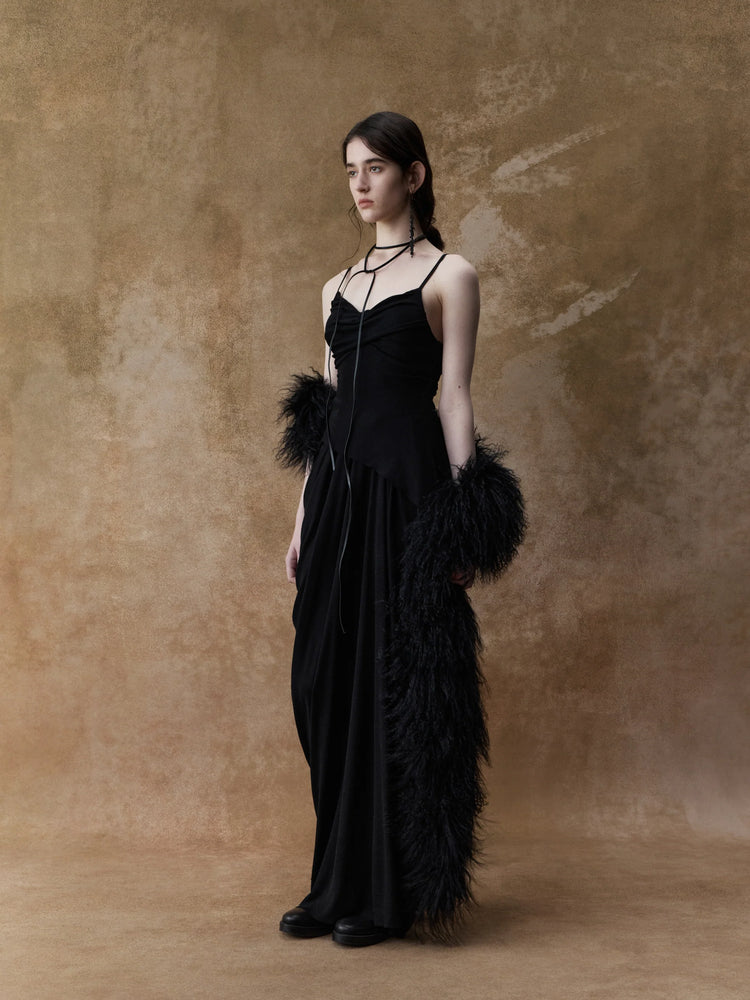 Black Knit Dotted Strap Long Dress