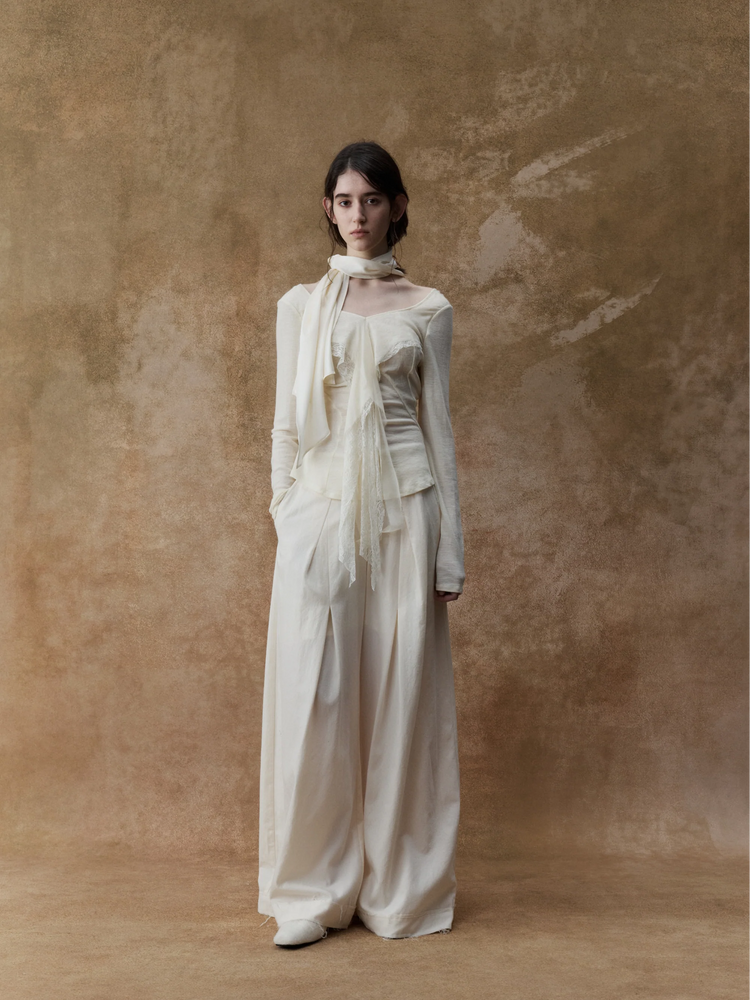 White Diagonally Pleated Long Pants
