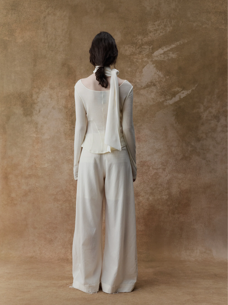 White Diagonally Pleated Long Pants