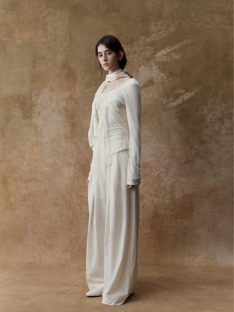 White Diagonally Pleated Long Pants