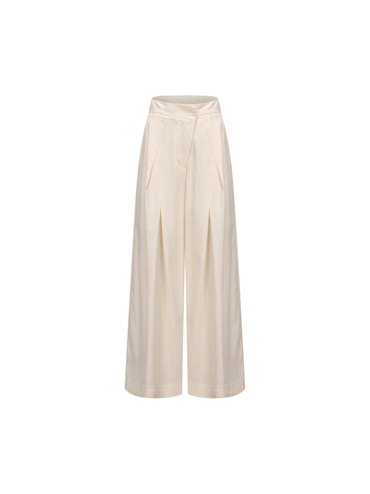 White Diagonally Pleated Long Pants