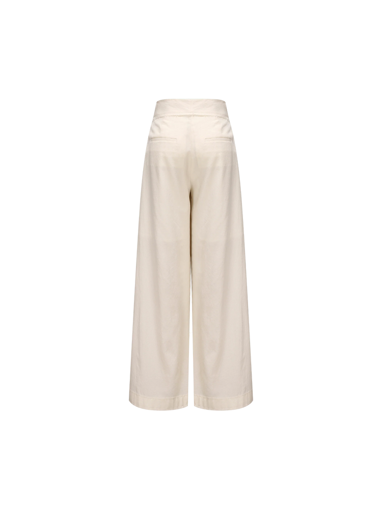White Diagonally Pleated Long Pants