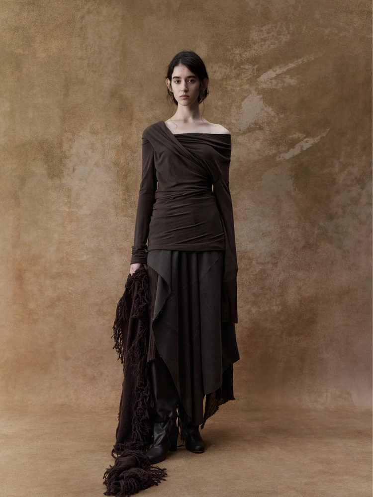 Dark Khaki Off-Shoulder Pleated Top