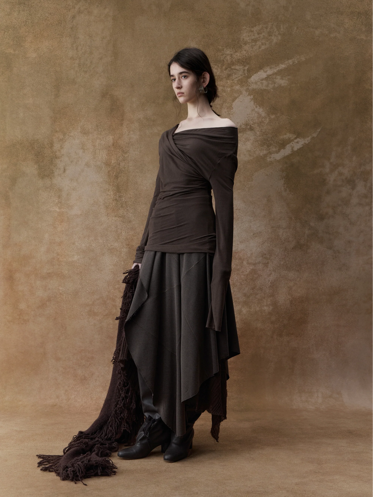 Dark Khaki Off-Shoulder Pleated Top