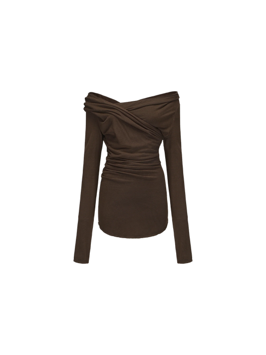 Dark Khaki Off-Shoulder Pleated Top