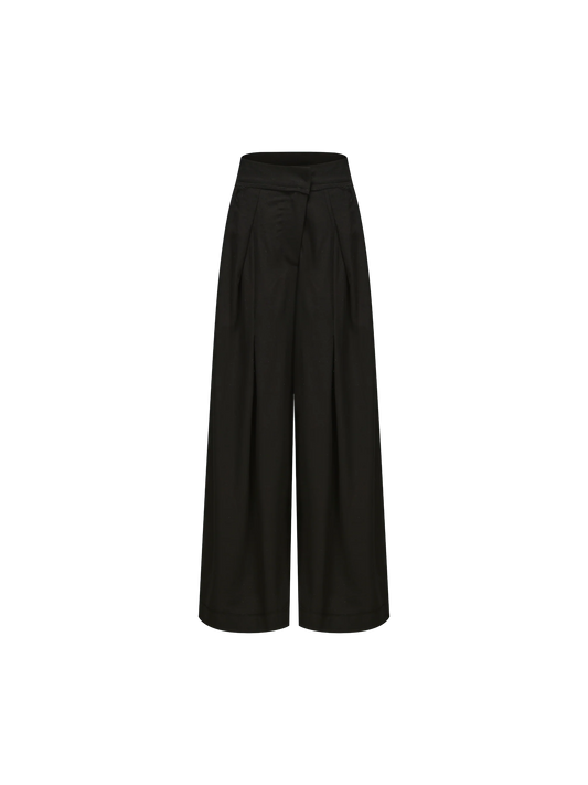 Black Diagonally Pleated Trousers