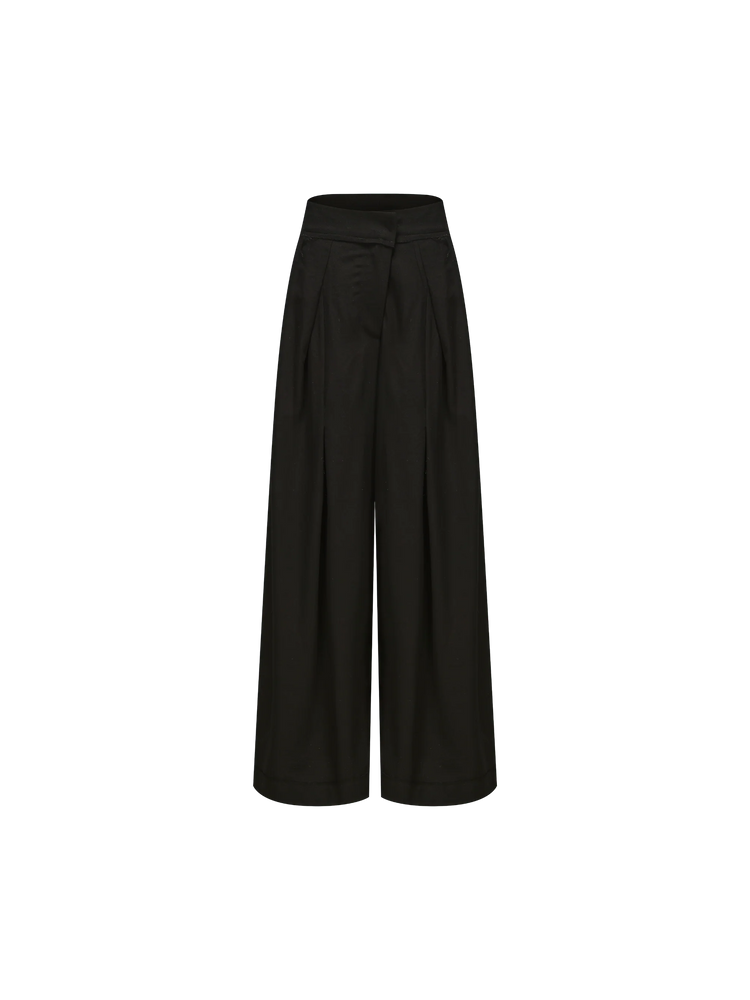 Black Diagonally Pleated Trousers