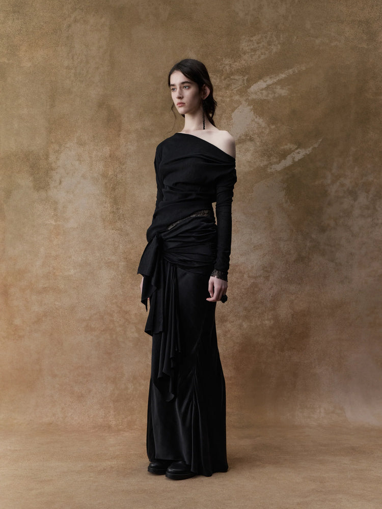 Black Draped Tie-up Mermaid Skirt