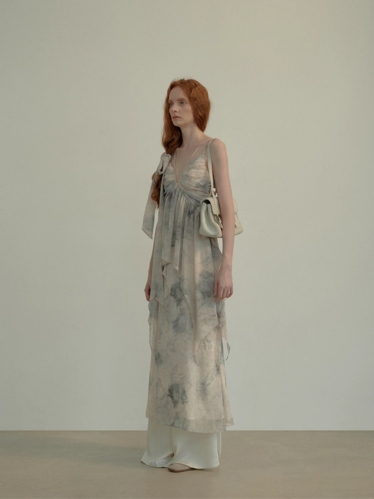 Ink-Print Ruched Slip Dress
