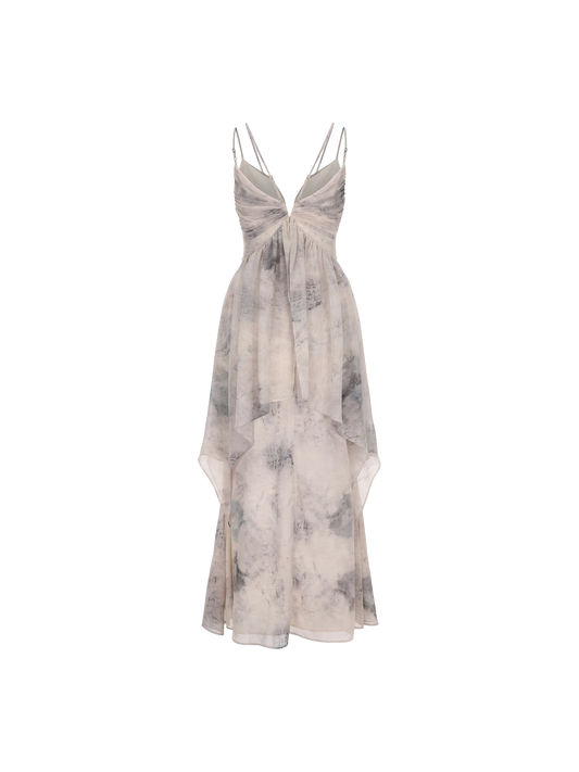 Ink-Print Ruched Slip Dress