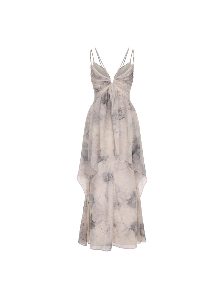 Ink-Print Ruched Slip Dress