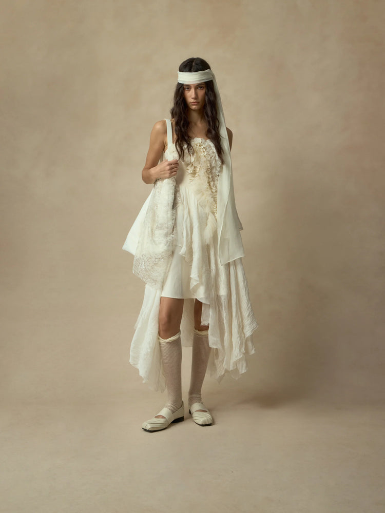 White Heavy-Detailing Smocked Strapless Dress