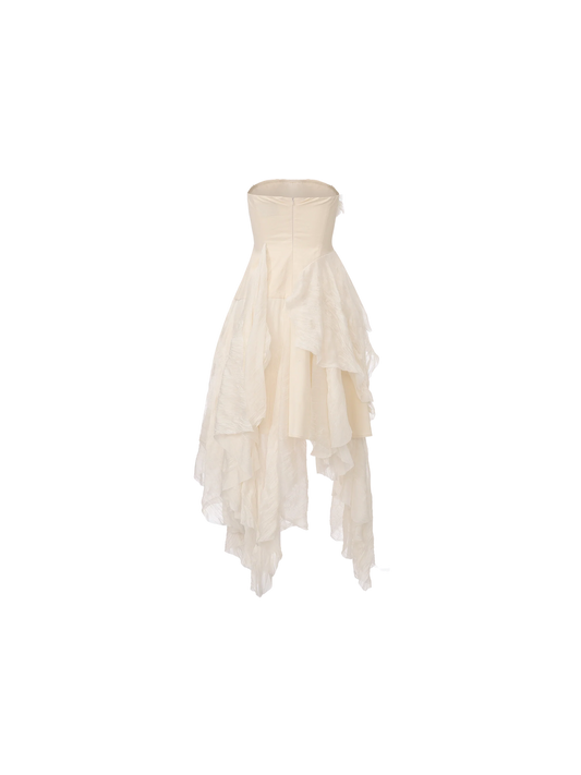 White Heavy-Detailing Smocked Strapless Dress